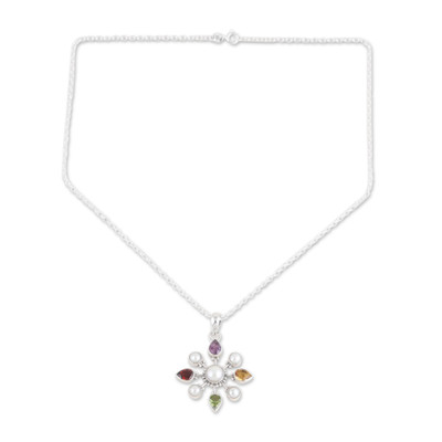 Sterling Silver Pendant Necklace with Colorful Jewels