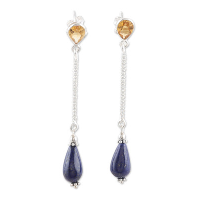 Polished Dangle Earrings with Citrine and Lapis Lazuli Gems