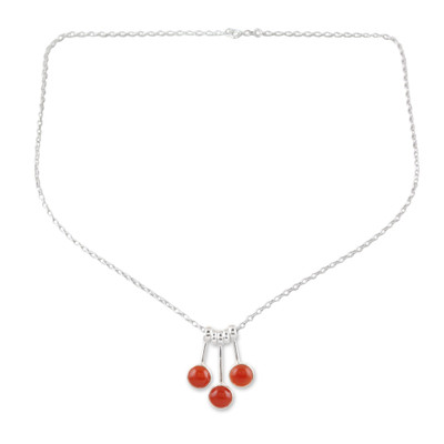 Modern Sterling Silver Pendant Necklace with Carnelian Gems
