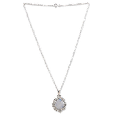 Sterling Silver Pendant Necklace with Rainbow Moonstone