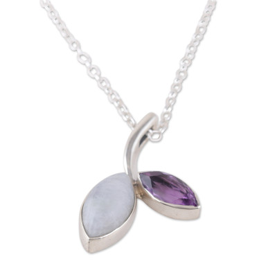 Leafy Rainbow Moonstone and Amethyst Pendant Necklace