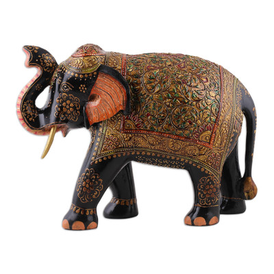 Hand-Painted Leafy and Floral Elephant Neem Wood Sculpture