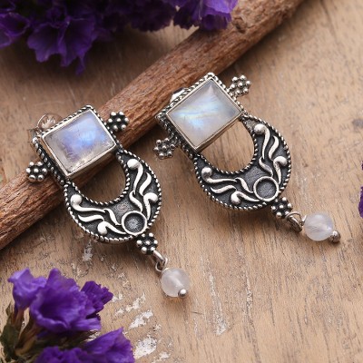 Polished Classic Natural Rainbow Moonstone Dangle Earrings