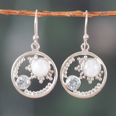 One-Carat Blue Topaz and Natural Rainbow Moonstone Earrings