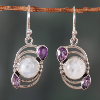 Sterling Silver Rainbow Moonstone & Amethyst Dangle Earrings