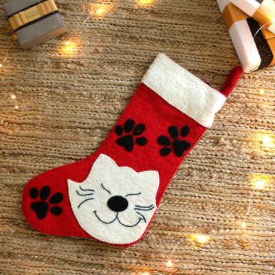 Handcrafted Cat-Themed Red and White Wool Felt Stocking