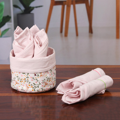 Set of 6 Pink Cotton Napkins with Floral White Basket