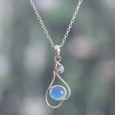 Polished Chalcedony and Blue Topaz Pendant Necklace