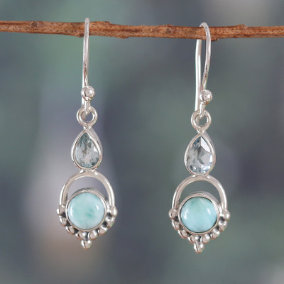 One-Carat Natural Larimar and Blue Topaz Dangle Earrings