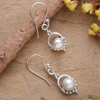 Polished Cream Cultured Pearl Dangle Earrings from India