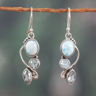 Faceted Three-Carat Blue Topaz and Larimar Dangle Earrings