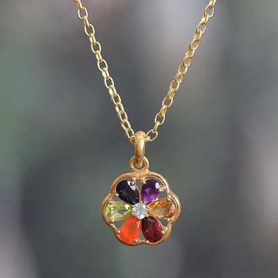 22k Gold-Plated Floral Multi-Gemstone Chakra Necklace