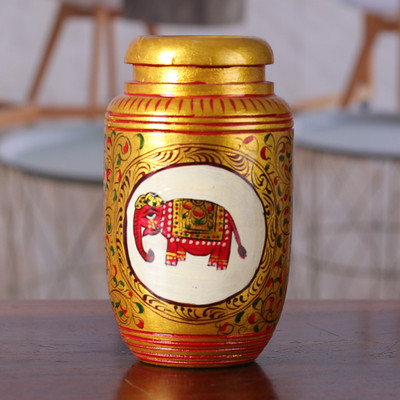 Classic Elephant-Themed Golden Kadam Wood Pen Holder