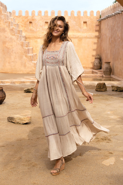 Floral Embroidered Antique Ivory Cotton Maxi A-Line Dress