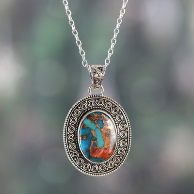 Artisan-Made Oval Reconstituted Turquoise Pendant Necklace