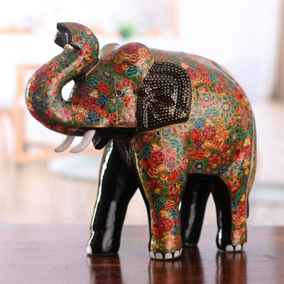 Hand-Painted Floral Papier Mache and Wood Elephant Sculpture