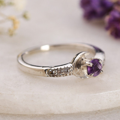 High-Polished Amethyst and Cubic Zirconia Solitaire Ring
