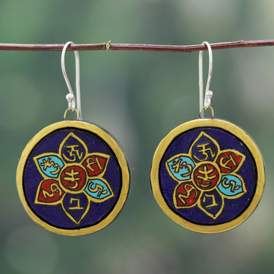 Lotus Ashtamangala-Themed Painted Ceramic Dangle Earrings