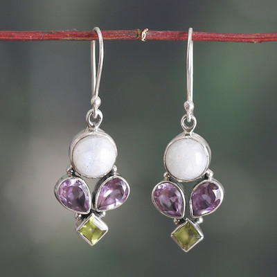 Rainbow Moonstone Amethyst Peridot Silver Dangle Earrings