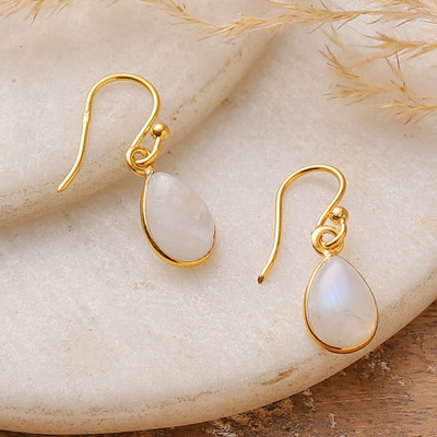 Polished 22k Gold-Plated Rainbow Moonstone Dangle Earrings