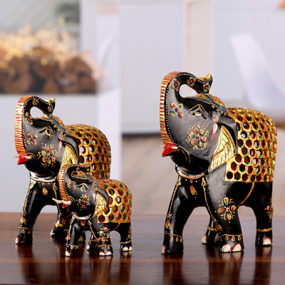 3 Elephant-Shaped Jali Hand-Carved Painted Wood Sculptures