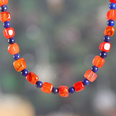 Indian-Made Lapis Lazuli and Orange Agate Beaded Necklace