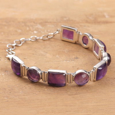 14-Carat Amethyst and Polished Sterling Silver Link Bracelet