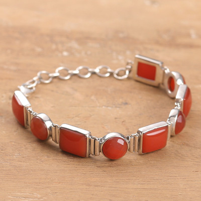 Natural 14-Carat Carnelian and Sterling Silver Link Bracelet