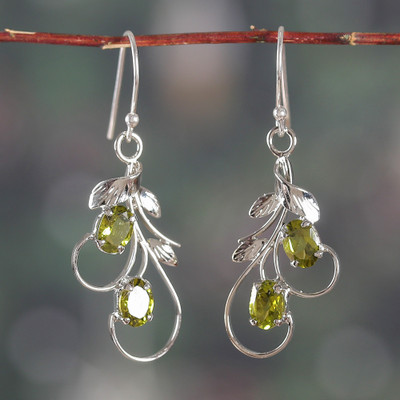 Peridot Silver Dangle Earrings with Leaf and Tendril Design