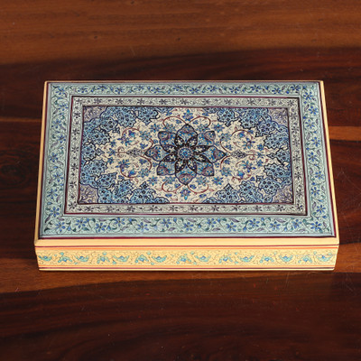Folk Art Floral Weeping Willow Wood Decorative Box in Blue