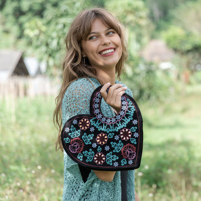 Patterned Embroidered Gotta Patti Heart Handbag in Black