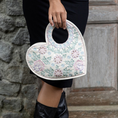 Spring-Themed Embroidered Gotta Patti Heart Handbag in Ivory