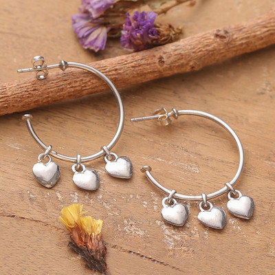 Heart-Themed Polished Sterling Silver Half-Hoop Earrings