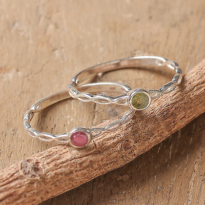 Ruby Peridot Sterling Silver Stacking Solitaire Rings (Pair)