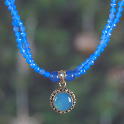 Blue Chalcedony and Sun-Shaped Pendant Necklace from India