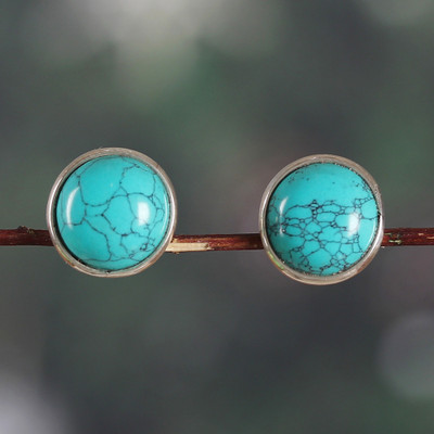 Reconstituted Turquoise and Sterling Silver Button Earrings