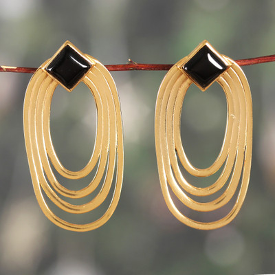 Polished Oval Brass and Black Onyx Drop Earrings from India