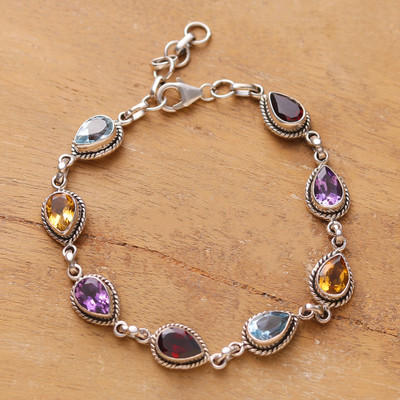 Polished Faceted Multi-Gemstone Link Bracelet from India