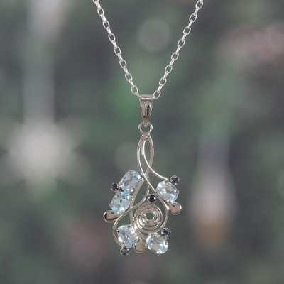 Rhodium-Plated Blue Topaz and Sapphire Pendant Necklace
