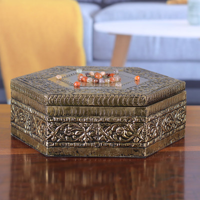 Indian-Inspired Floral Embossed Brass Mango Wood Jewelry Box