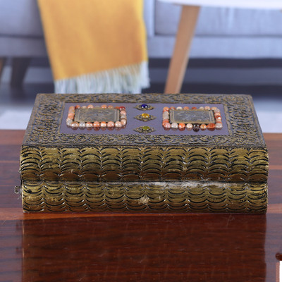 Elephant-Themed Antiqued Brass-Accented Wood Jewelry Box