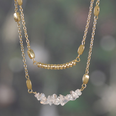 Moonstone and Brass Double-Layered Strand Pendant Necklace