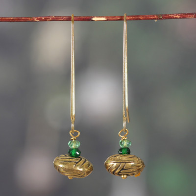 Elongated Bohemian Brass Dangle Earrings with Quartz Beads