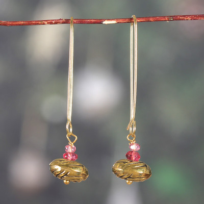 Elongated Brass Dangle Earrings with Pink Quartz Stones