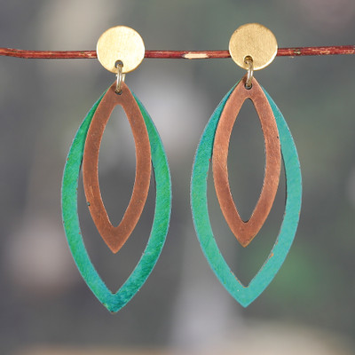 Antique-Finished Hand-Painted Marquise-Shaped Brass Earrings