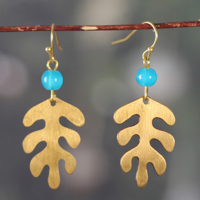 Leaf-Themed Antique-Finished Quartz Brass Dangle Earrings
