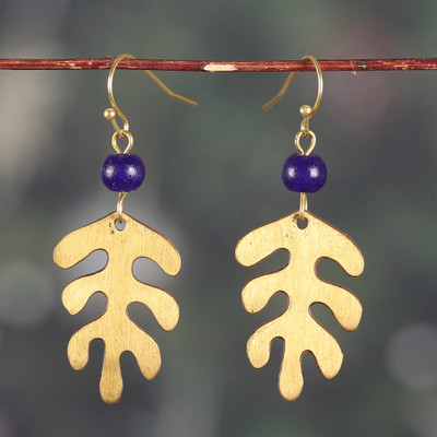 Quartz and Brass Leaf Dangle Earrings with Antique Finish
