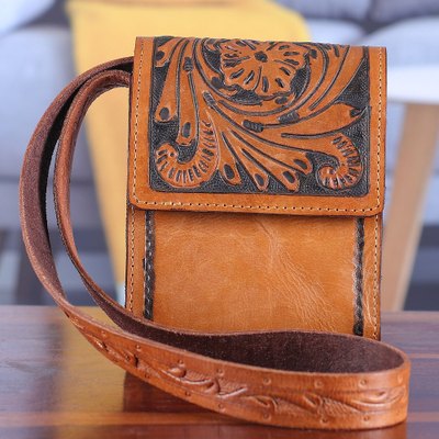 Tan Leather Sling Bag with Embossed Floral Paisley Designs