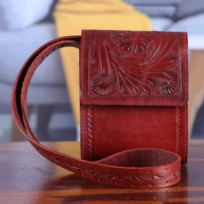 Red Leather Sling Bag with Embossed Floral and Paisley Motif