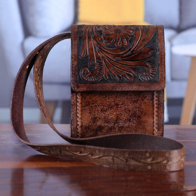 Floral and Paisley-Themed Embossed Brown Leather Sling Bag